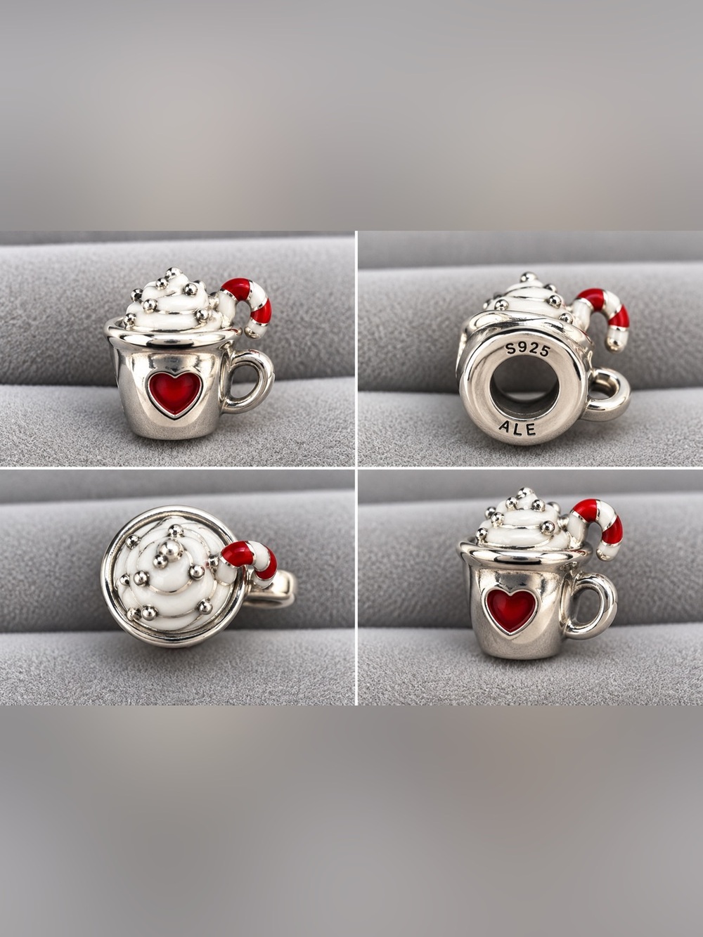 Pandora Silver Hot Cocoa Mug Charm with Red & White Candy Cane